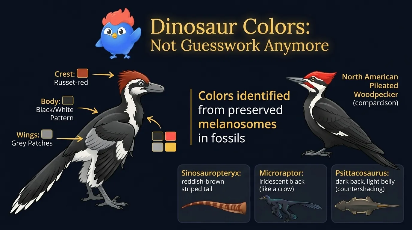 Anchiornis color reconstruction from melanosome analysis: black and white body feathers, russet-red head crest, grey wing feathers, shown next to a modern woodpecker for scale comparison