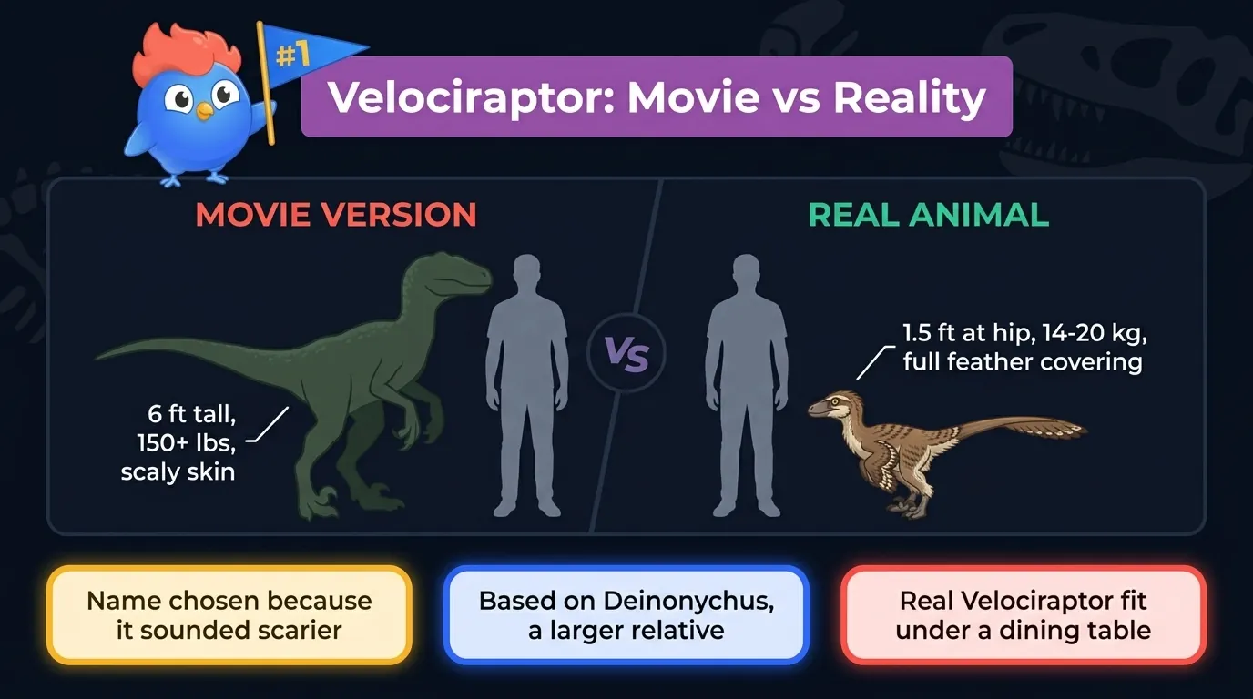 Velociraptor comparison: movie version 6 feet tall and scaly versus real Velociraptor 1.5 feet tall at hip and feathered, shown side by side with a human silhouette for scale
