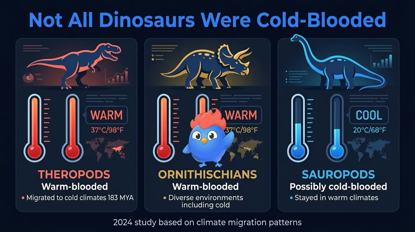 Dinosaur thermoregulation split: theropods (warm-blooded, migrated to cold climates 183 MYA) and ornithischians (warm-blooded) versus sauropods (possibly cold-blooded), based on 2024 climate migration study