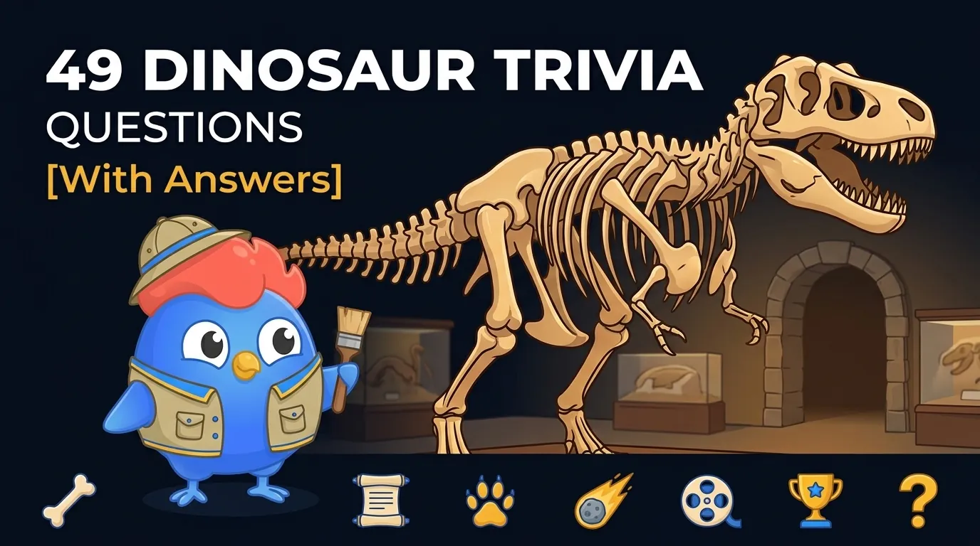 49 dinosaur trivia questions with Clash mascot in paleontologist hat next to T-Rex skeleton, with seven category icons for anatomy, naming, behavior, extinction, movies, records, and misconceptions