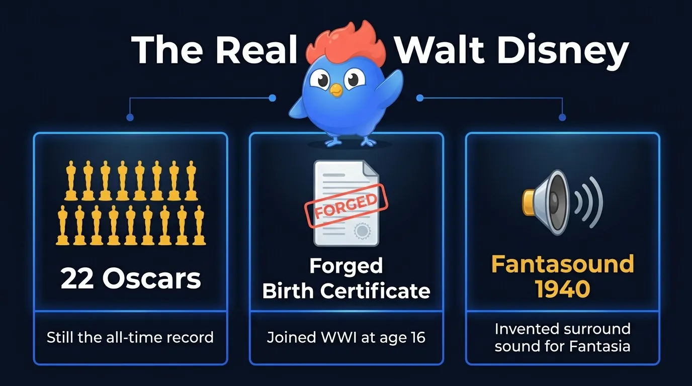 7 Walt Disney and company history facts: 22 Oscars record, Disney Brothers founding, forged birth certificate for WWI, secret apartment above Fire Station, Sleeping Beauty near-bankruptcy, Fantasound surround in 1940, French-Norman d'Isigny name origin