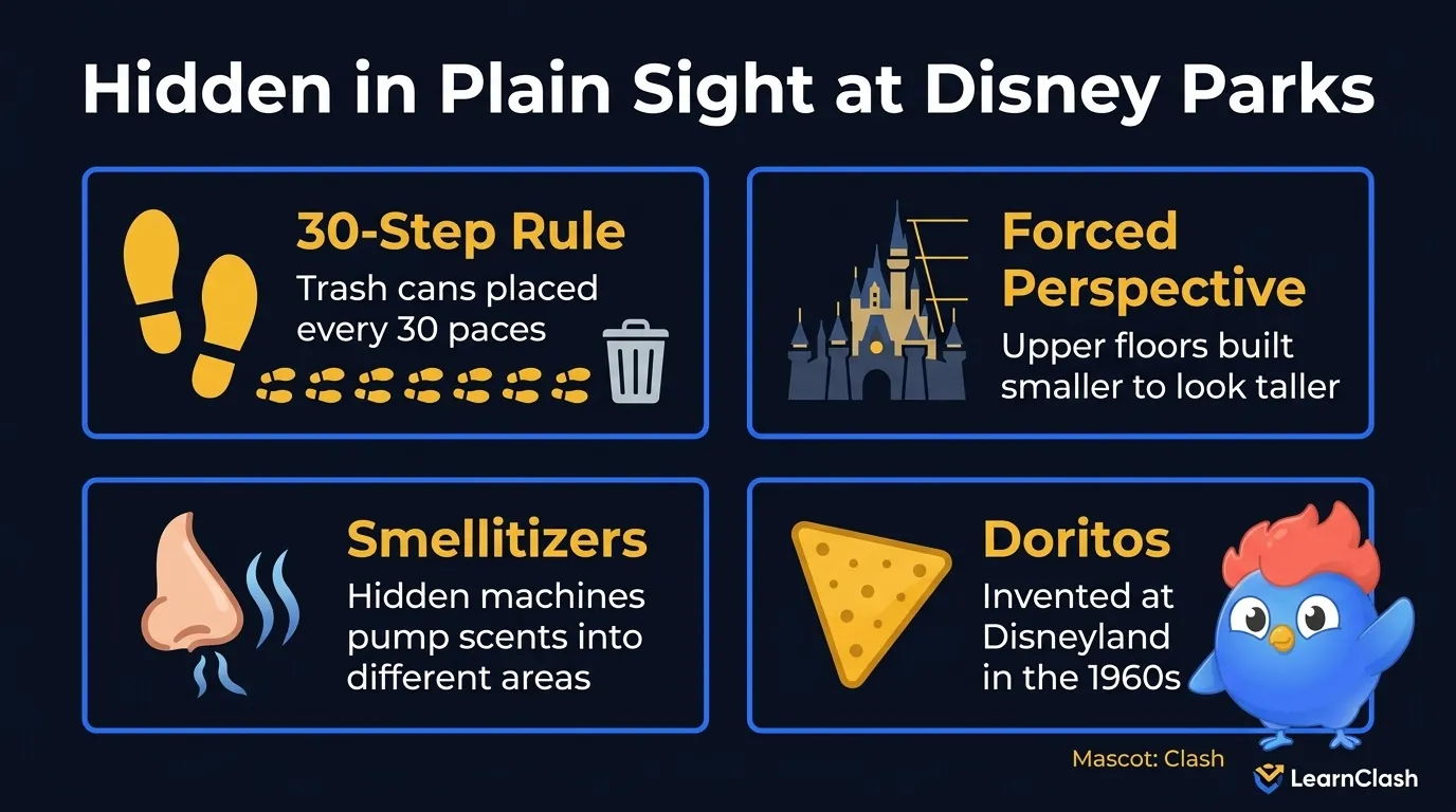 8 Disney parks secrets: 30-step trash rule, forced perspective castle, utilidors at ground level, Tower of Terror clocks frozen at 8:05, no gum sold, Smellitizer scent machines, Matterhorn basketball hoop, Doritos invented at Disneyland