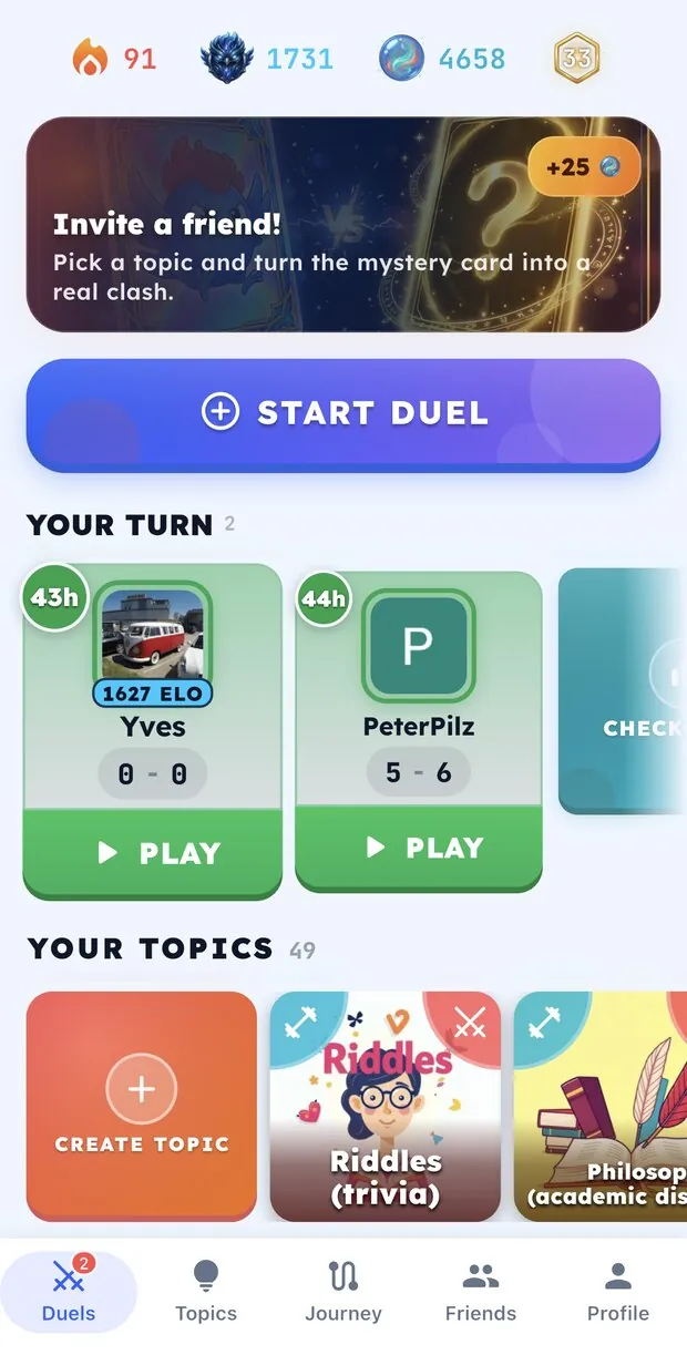 LearnClash duel home screen with a 1v1 challenge and ELO-ranked progress.