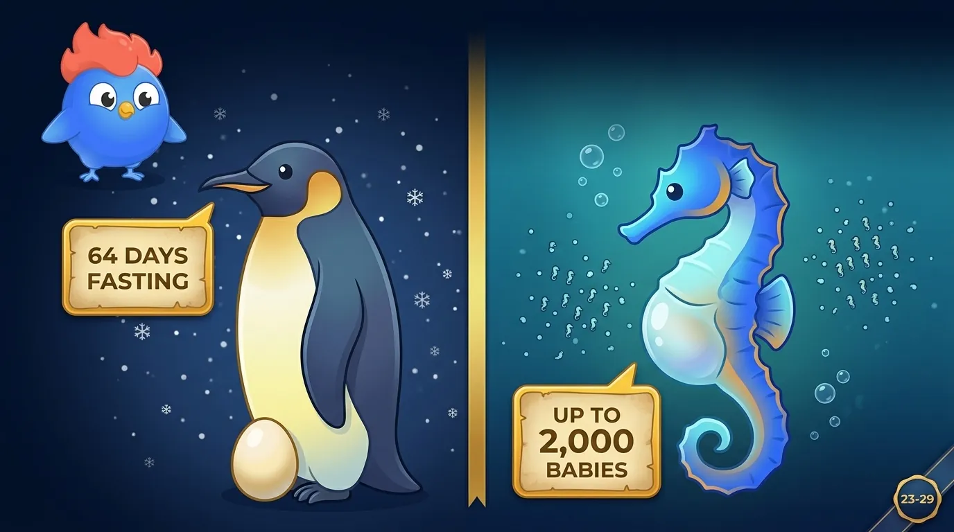 Animal Dads of the Wild image: stylized emperor penguin and seahorse silhouettes with a "2 months fasting" callout for the penguin and "up to 2,000 babies" callout for the seahorse, over a dark navy ocean gradient