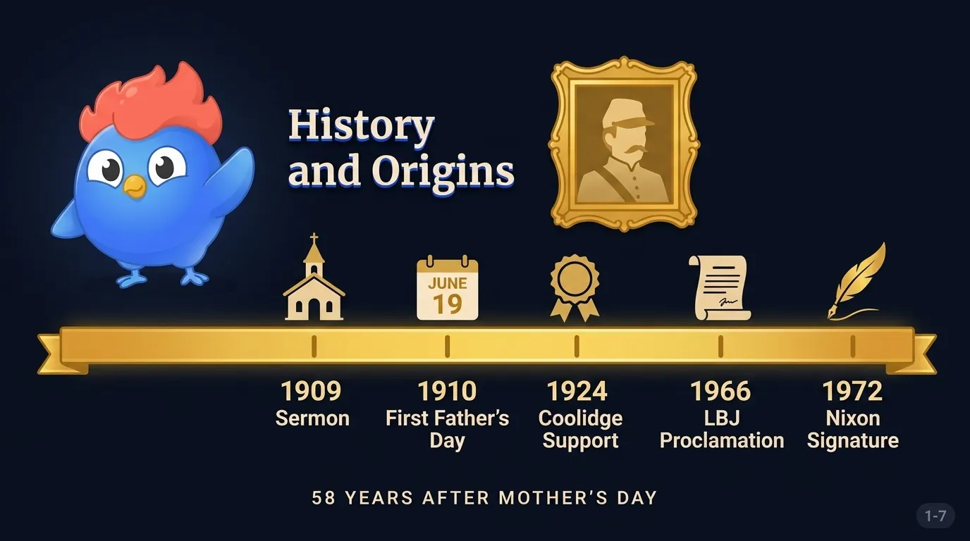 History and Origins image: timeline from 1909 Mother's Day sermon through 1910 Spokane debut, 1924 Coolidge support, 1966 LBJ proclamation, and 1972 Nixon signature