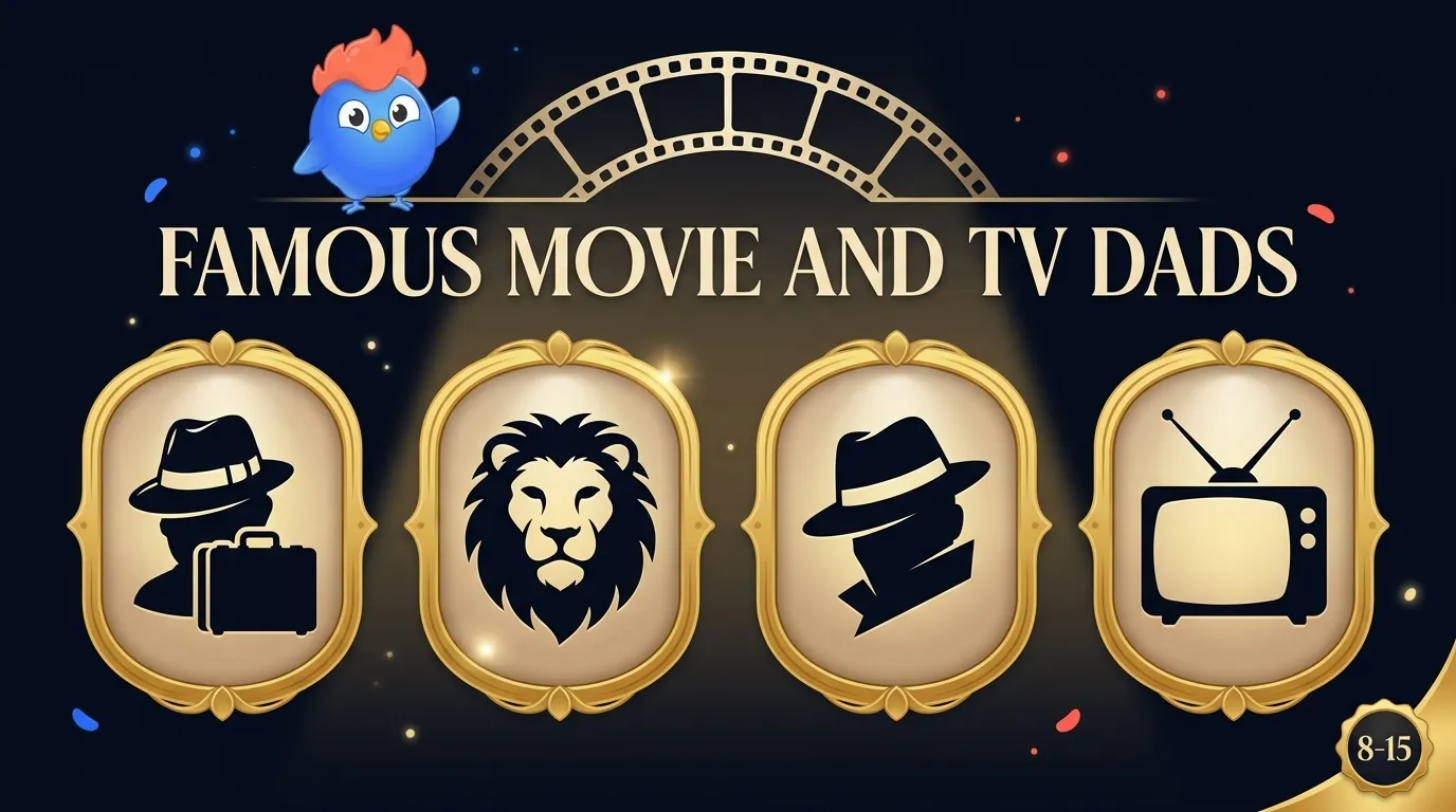 Famous Movie and TV Dads image: stylized silhouettes of a fedora, a lion, a mockingbird, and a TV antenna with show-tribute icons in gold over dark navy