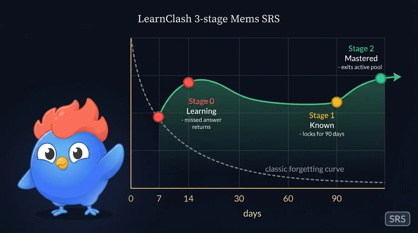 3-stage Mems SRS retention curve infographic showing the 7-day return for missed answers, 90-day return for known answers, and the exit point at "mastered" stage