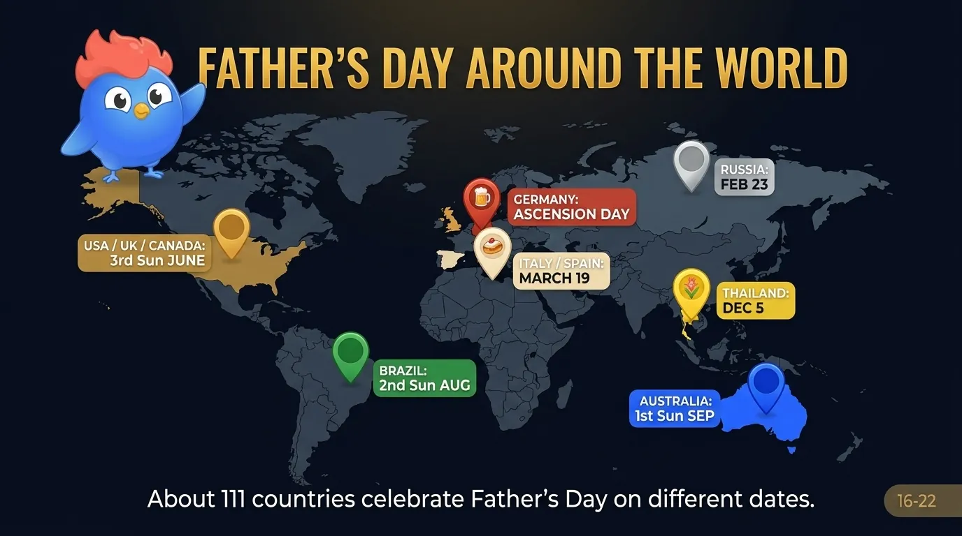 Father's Day Around the World image: world map with 7 country pins color-coded by date: U.S./U.K./Canada June, Italy/Spain March 19, Germany Ascension, Brazil August, Australia September, Thailand December