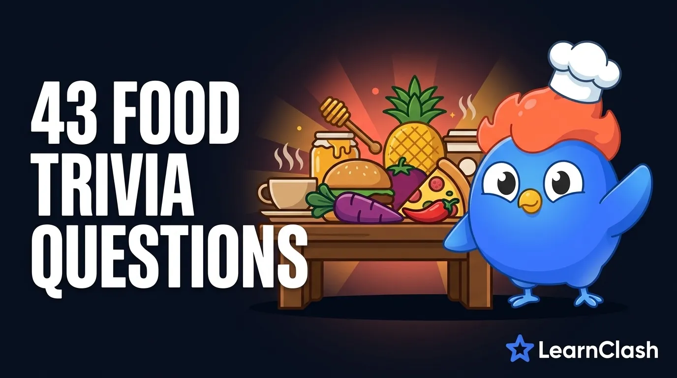 43 food trivia questions covering fast food, ingredients, food history, global cuisine, and nutrition with difficulty levels from easy to hard
