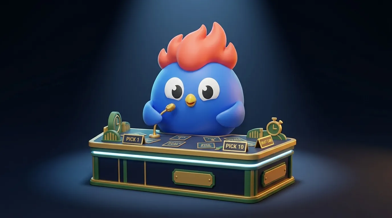 NFL Draft podium with spotlight and microphone, draft cards scattered showing pick numbers, with a 'Mr. Irrelevant' sash on the last card