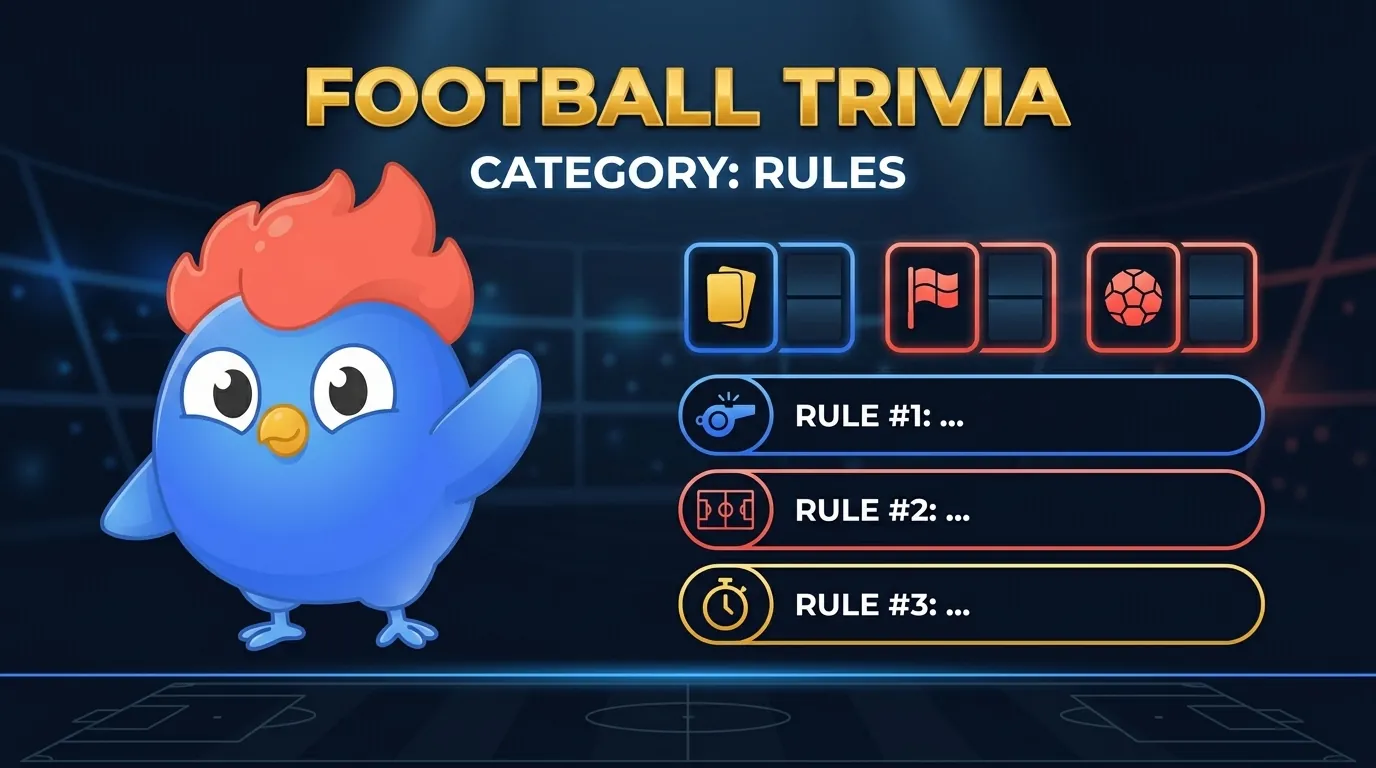 Referee in black and white stripes making a signal call with a penalty flag mid-air, surrounded by floating icons of obscure rules