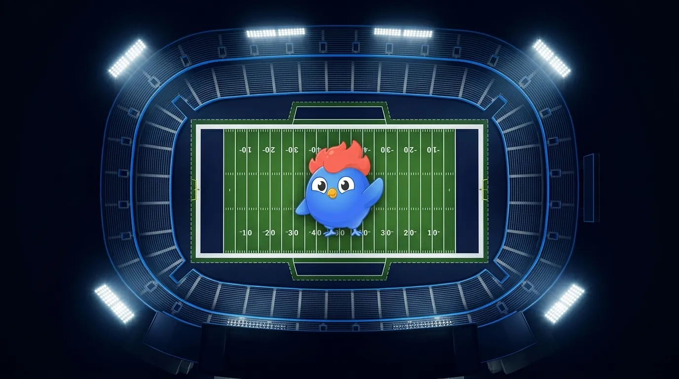 Aerial view of a packed football stadium at night with floodlights blazing, a decibel meter showing 142.2 dB, with a Terrible Towel and foam finger in foreground