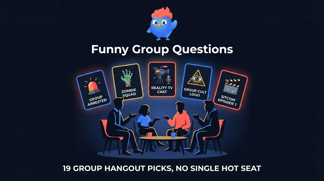 Group infographic on dark navy showing four friends as silhouettes around five shared-fate scenario cards: group arrested headline, zombie apocalypse roster, reality TV pitch, group cult logo, most-likely-to MLM founder, plus caption '19 group hangout picks'