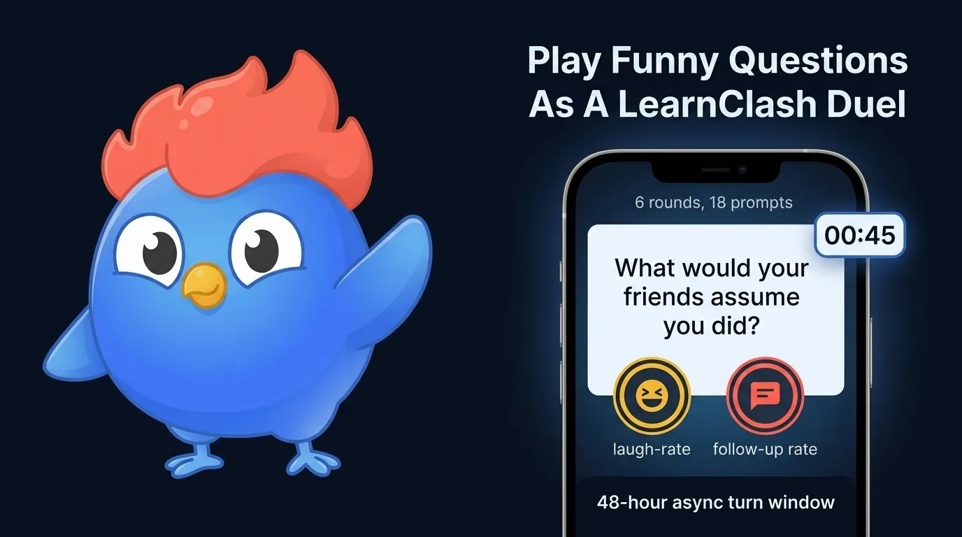 LearnClash duel format card on dark navy showing a phone mockup with the round-progress bar at top reading 6 rounds 18 prompts, a 45-second timer badge in the corner, a question card with two reaction tags labeled laugh-rate and follow-up-rate, plus the 48-hour async window footer label