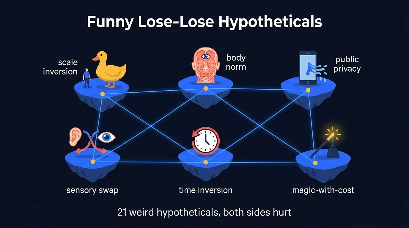 Weird hypotheticals infographic on dark navy showing six surreal floating islands connected by thin electric blue lines: horse-sized duck island, body swap island, sweat-cheese island, animal trade island, magic-with-cost island, public privacy violation island, plus caption '21 lose-lose hypotheticals'