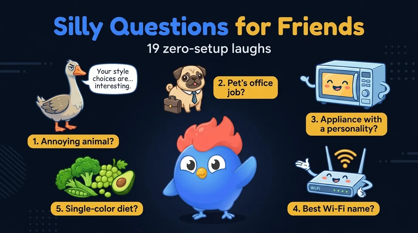 Silly questions infographic on dark navy showing five playful icon clusters: animals talking with speech bubbles, food rating cartoon, a kitchen appliance with a face, a Wi-Fi router as a friend, and a pet with a job badge, all in flat editorial vector with caption '19 low-effort laughs'