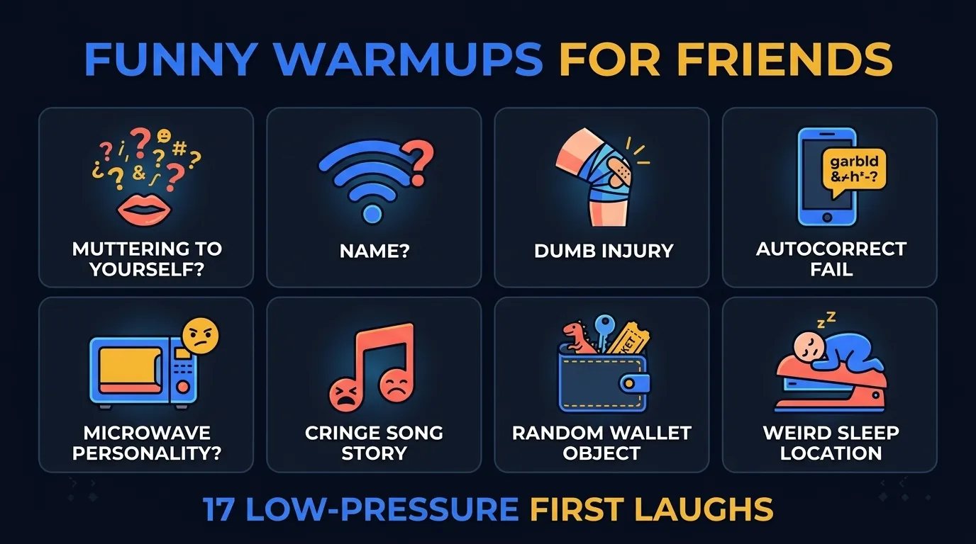 Warmups infographic on dark navy showing 8 pictogram pairs of light funny questions: muttering to yourself, dumb injury origin story, autocorrect graveyard, useless hidden talent, terrible haircut, irrational fridge contents, weird Wi-Fi name, and fallen-asleep weird place, plus caption '17 light first-round laughs'