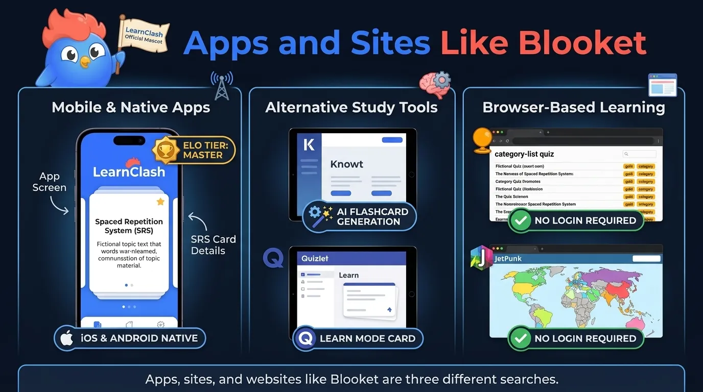 Mobile and browser picks like Blooket showing LearnClash native iOS and Android, Knowt AI flashcards, Quizlet Learn mode, and browser-based Wayground, Sporcle, and JetPunk
