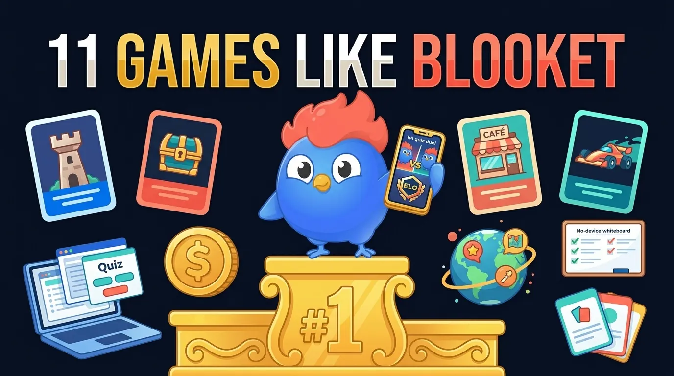 11 games like Blooket ranked for 2026, with LearnClash #1 for ELO duels and spaced repetition, followed by Wayground, Gimkit, Kahoot, Quizalize, Mission.io, Wordwall, Baamboozle, Knowt, Quizlet, and Mentimeter