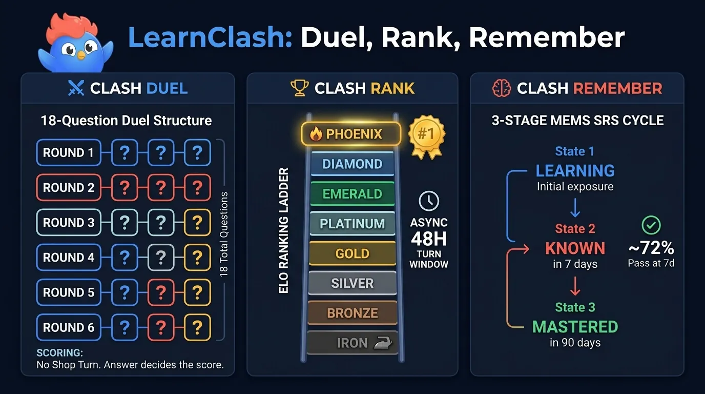 LearnClash game loop showing 18 questions across 6 rounds, ELO tiers from Iron to Phoenix, 48-hour async turns, and 3-stage Mems spaced repetition with 7-day Known and 90-day Mastered intervals