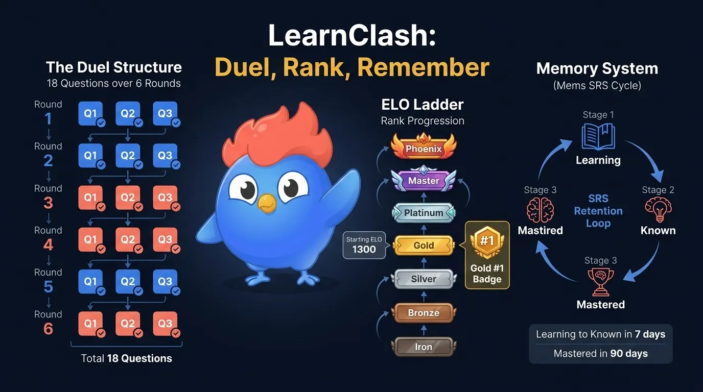 LearnClash game loop showing 18 questions, 6 rounds, ELO tiers from Iron to Phoenix, and 3-stage Mems spaced repetition