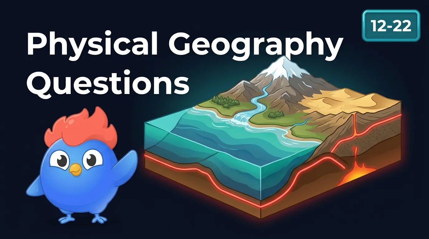 11 physical geography trivia questions covering the Nile (6,650 km), Pacific Ocean (165M km²), Everest (8,849 m), Antarctica desert (14.2M km²), and Challenger Deep (10,935 m)