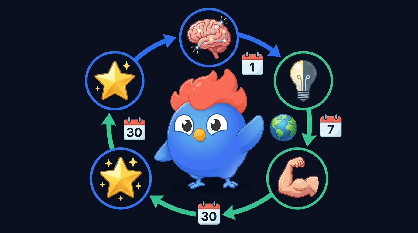 LearnClash spaced repetition cycle: geography questions progress through 3 mastery stages (Learning, Known, Mastered) with review intervals at 7 and 90 days based on accuracy