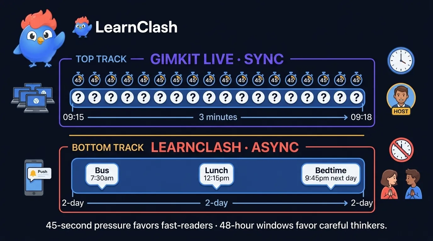 Gimkit vs LearnClash session timeline split-screen: top track shows Gimkit live session 45 seconds per question with classroom clock and Chromebook fleet icon, bottom track shows LearnClash 48-hour turn window with mobile-phone notification icon and three turns spread across two days, both ending in identical 18-question pools