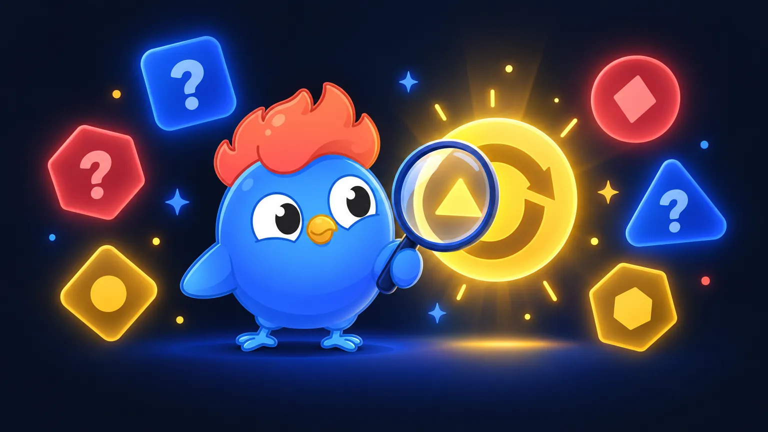 Clash the mascot holding a magnifying glass over a glowing emblem of simple shapes, among abstract badge tiles on a dark navy ground