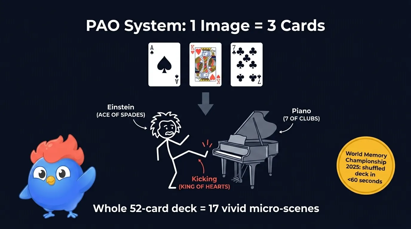 Mapeo del sistema PAO: cada carta de la baraja traducida a una Persona, una Acción y un Objeto, con tres cartas de ejemplo visualizadas
