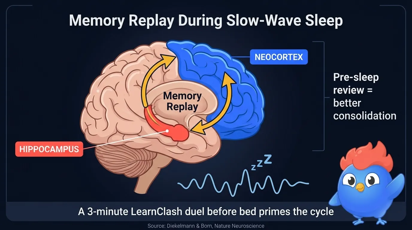 Hipocampo y neocorteza con flechas mostrando la reproducción de la memoria durante el sueño de ondas lentas