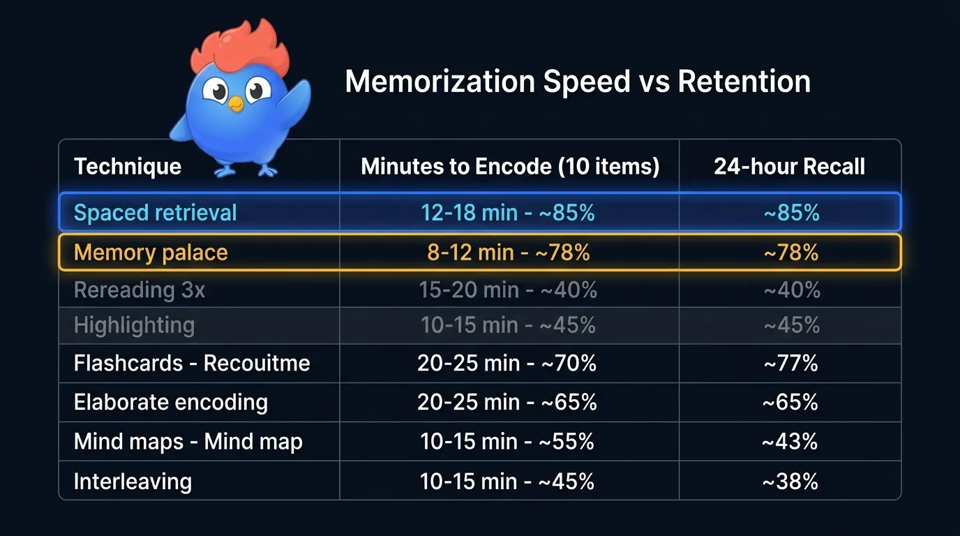 Tabla para cómo memorizar rápido: 9 técnicas clasificadas por minutos para codificar y porcentaje de recuerdo a 24 horas
