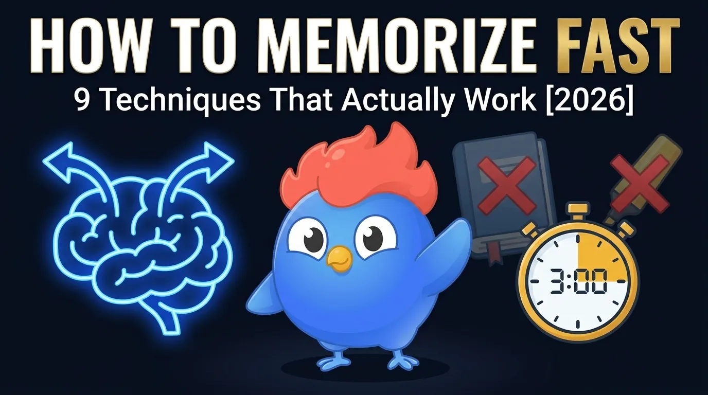 Cómo memorizar rápido: 9 técnicas clasificadas por velocidad de recuerdo y retención a 24 horas, incluyendo recuperación espaciada, palacio de la memoria y recuerdo activo, con la mascota Clash de LearnClash