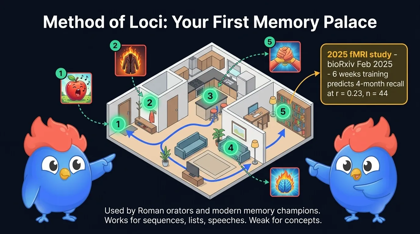 Memory palace walkthrough diagram: a house floor plan with 5 numbered landmarks labeled front door, coat rack, kitchen island, sofa, and bookshelf, each landmark carrying a mnemonic image encoding a vocabulary word or digit group, with a walking path arrow indicating recall order