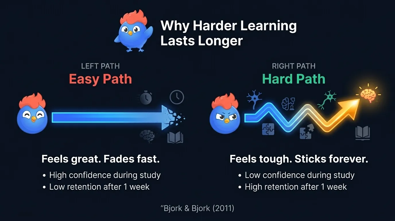 Desirable difficulties concept: easy learning path feels great but fades fast with low retention after one week, while hard learning path feels tough but sticks with high retention after one week, based on Bjork and Bjork 2011