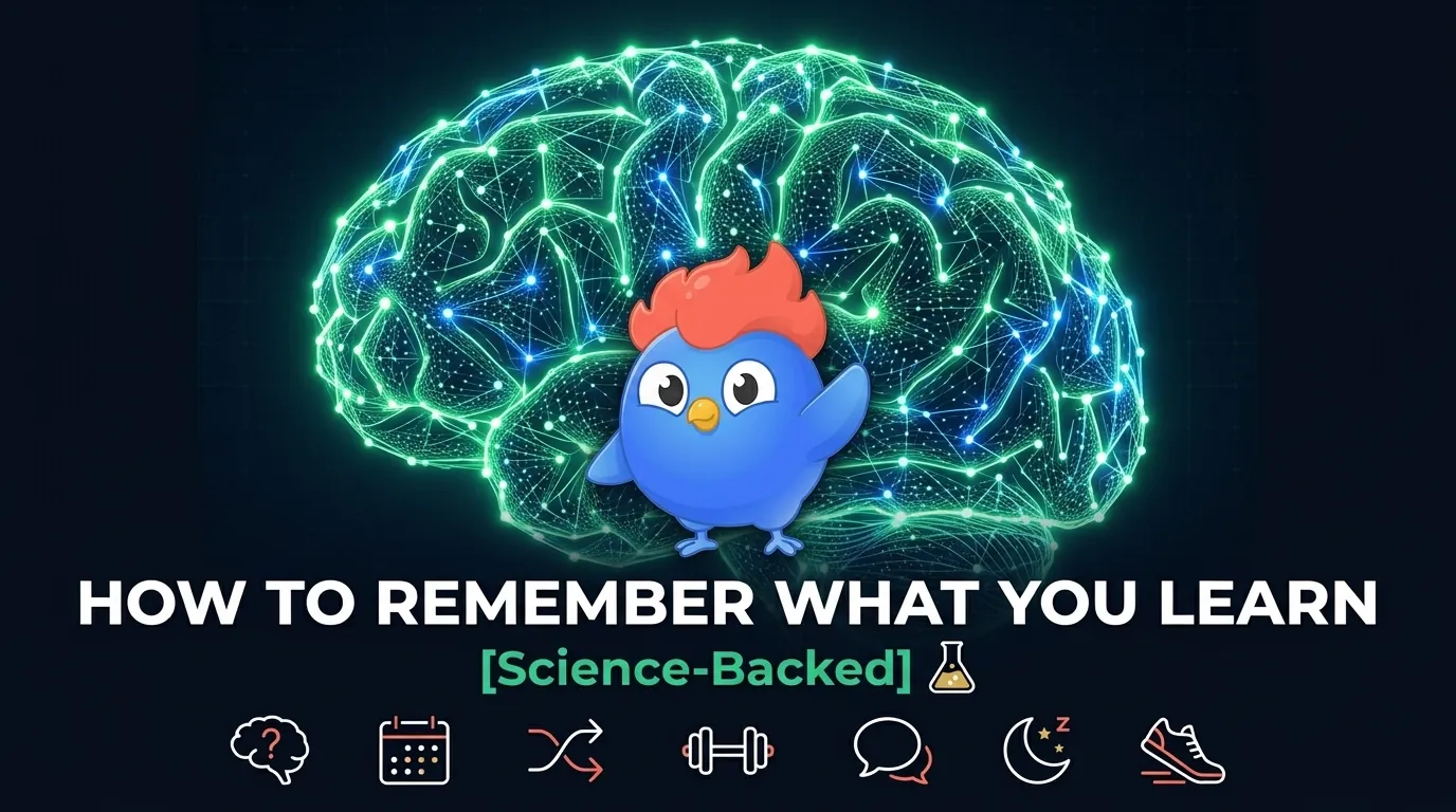 7 science-backed memorization techniques ranked by effectiveness: retrieval practice and spaced repetition rated high utility, interleaving and elaboration rated moderate, highlighting and rereading rated low, with LearnClash Clash mascot