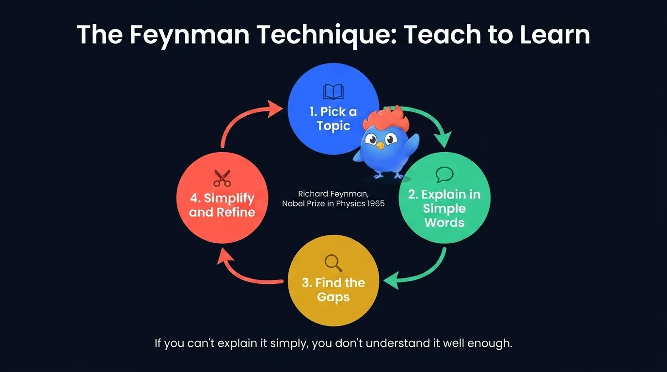 Feynman technique four-step infographic: step 1 pick a concept, step 2 explain it in simple terms out loud, step 3 identify gaps in your explanation, step 4 simplify and refine using analogies, with arrows forming a feedback loop back to step 2