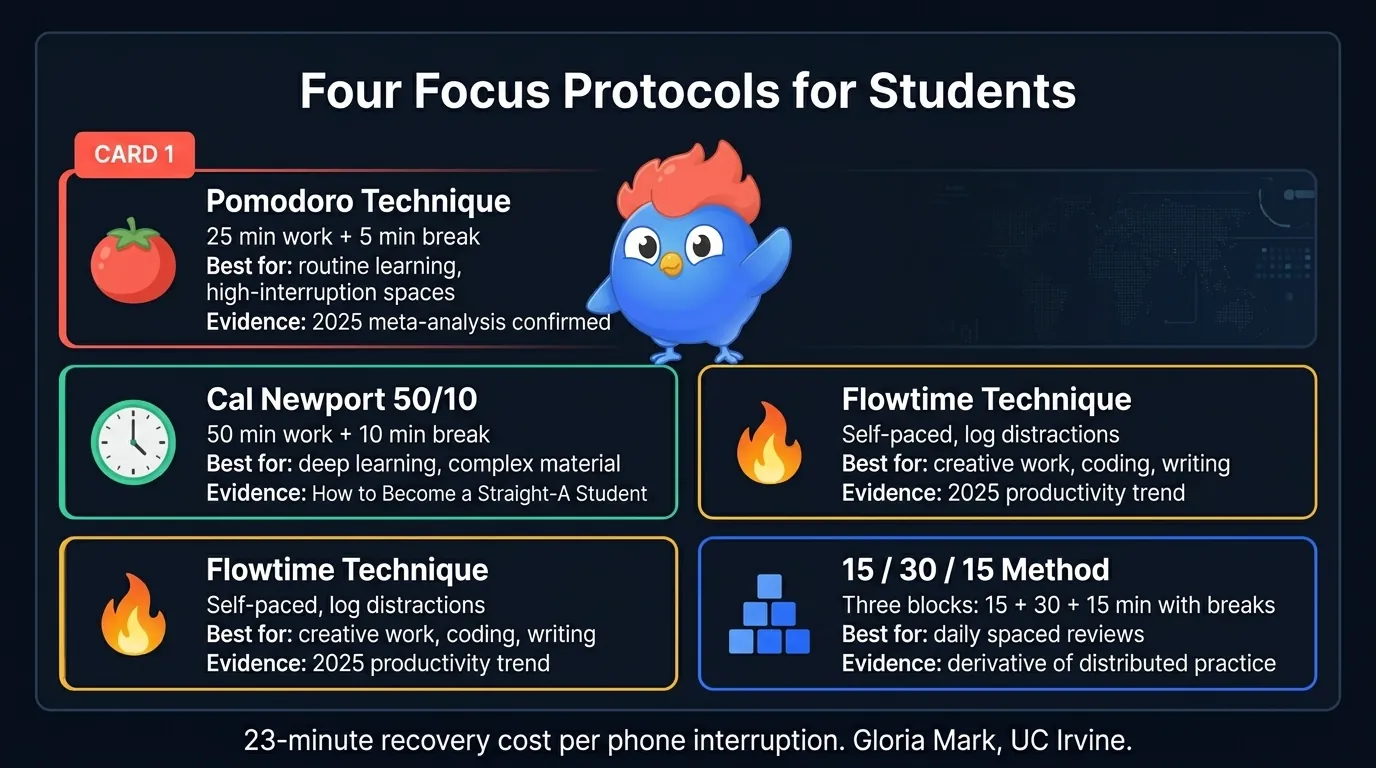 Focus method comparison table showing Pomodoro 25 minutes work plus 5 minutes break, Cal Newport 50 minutes plus 10 minutes, Flowtime self-paced with tracked distractions, and the 15 30 15 method as three focused blocks of 15 minutes with breaks, plus research notes on each method's best use case