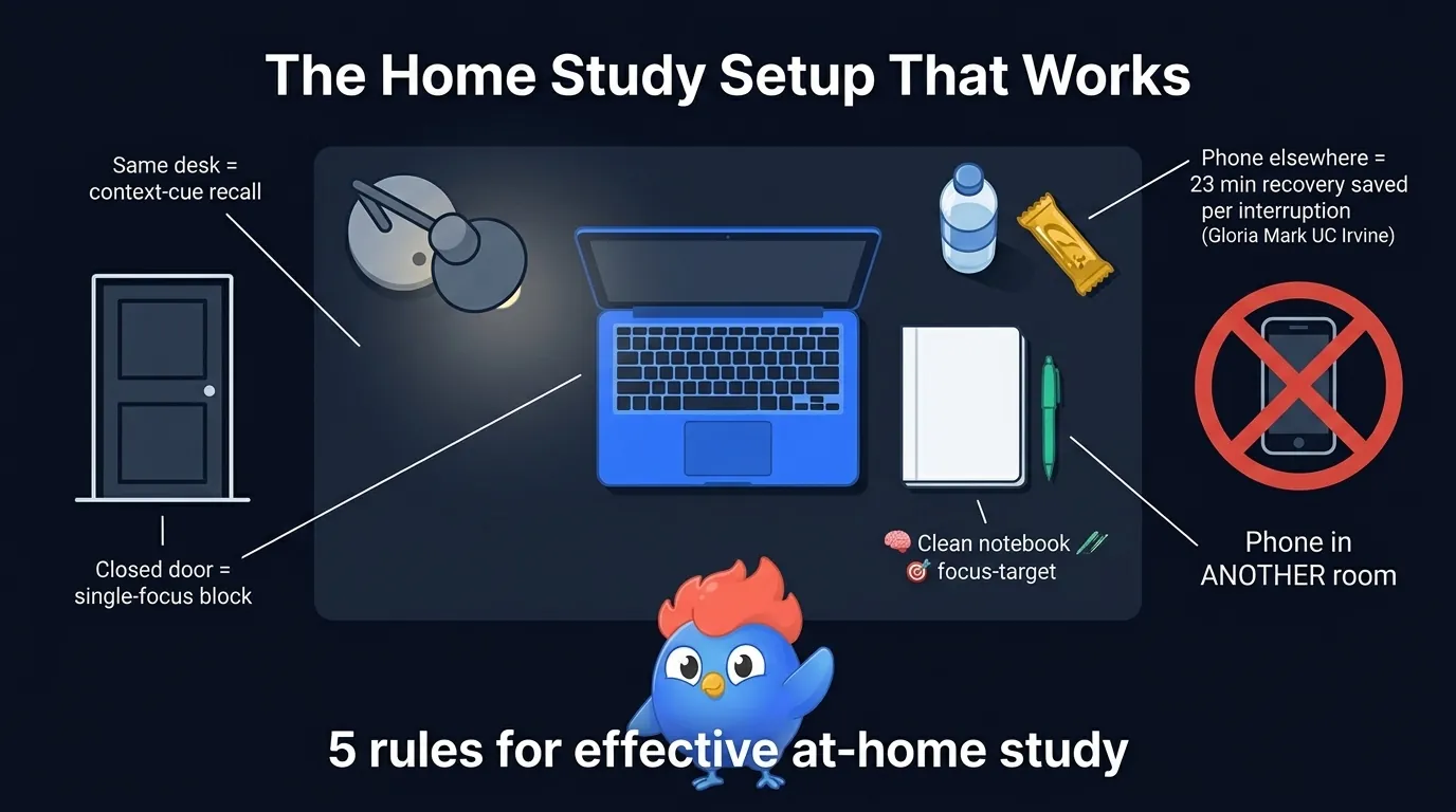 Home study setup diagram showing dedicated study zone with phone in another room, closed door, ambient lighting, water and snacks in reach, notebook and laptop only, plus attention residue warning about phones within line of sight causing focus degradation