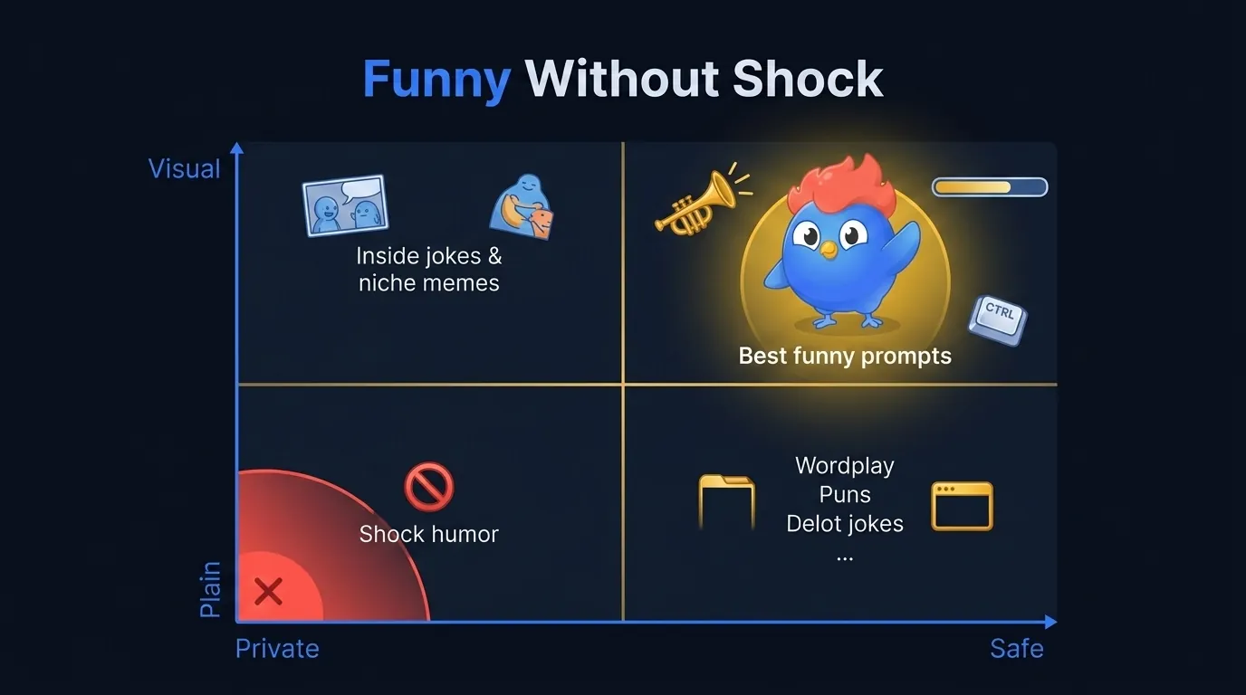 Four-quadrant chart for funny ice breaker questions showing the sweet spot: low-stakes, visual, safe, and answerable fast, with shock humor blocked