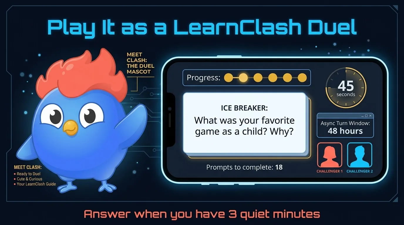 Phone mockup showing LearnClash ice breaker duel flow with 18 prompts, 6 rounds, 45-second timer, and 48-hour async turn window