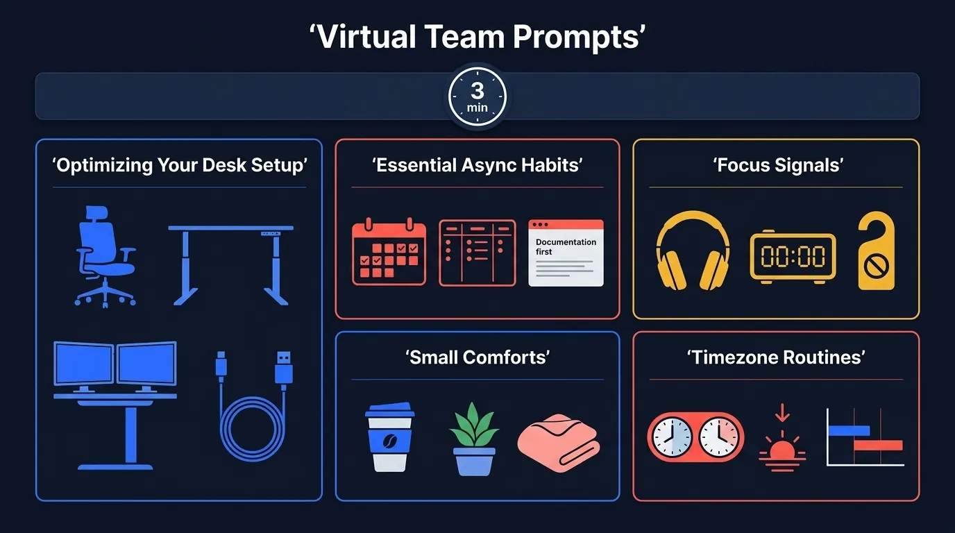 Virtual icebreaker questions dashboard with remote-friendly prompts grouped by desk setup, async habits, focus signals, small comforts, and timezone-friendly routines