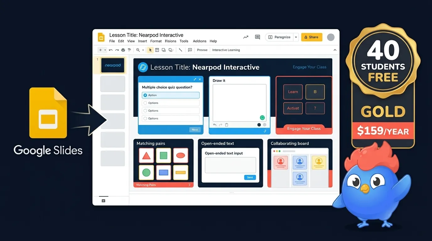 Nearpod interactive lesson embedded in Google Slides with quiz questions, draw-it, matching pairs, and collaborate board activities, with 40 student free tier limit shown