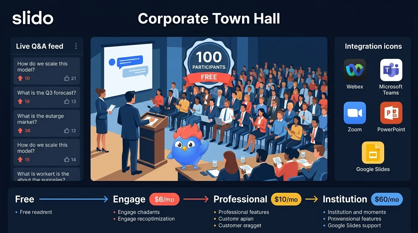 Slido corporate meeting Q and A with 100 participant free tier limit, unlimited audience questions, 3 polls per event cap, and native integrations with Webex, Microsoft Teams, Zoom, and Google Slides