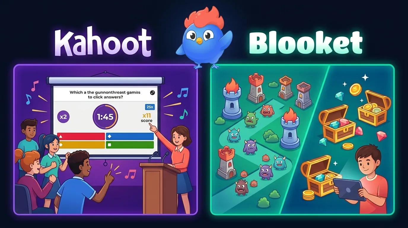 Split-screen: Kahoot live quiz with countdown timer, musical notes, and podium vs Blooket Tower Defense strategy game with student playing independently on tablet
