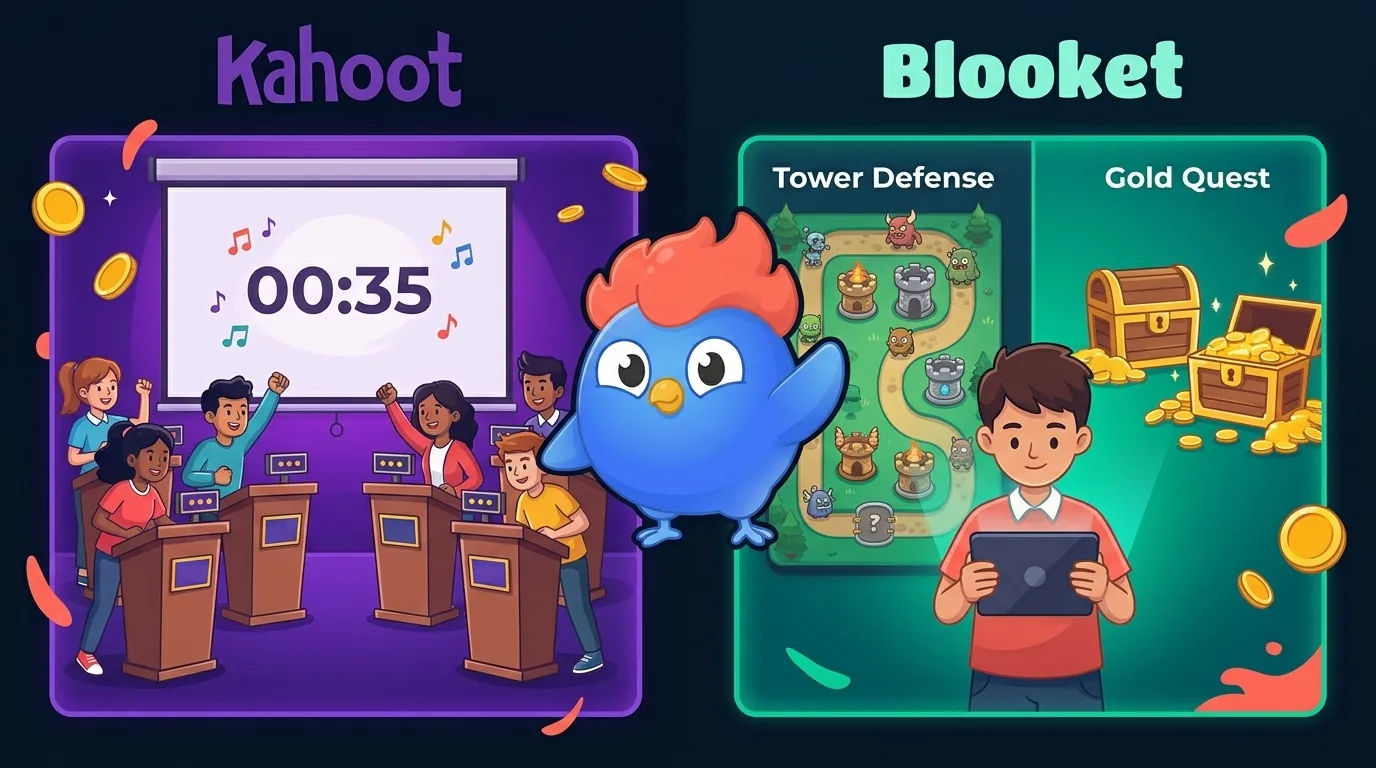 Split-screen: Kahoot live quiz with countdown timer, musical notes, and podium vs Blooket Tower Defense strategy game with student playing independently on tablet