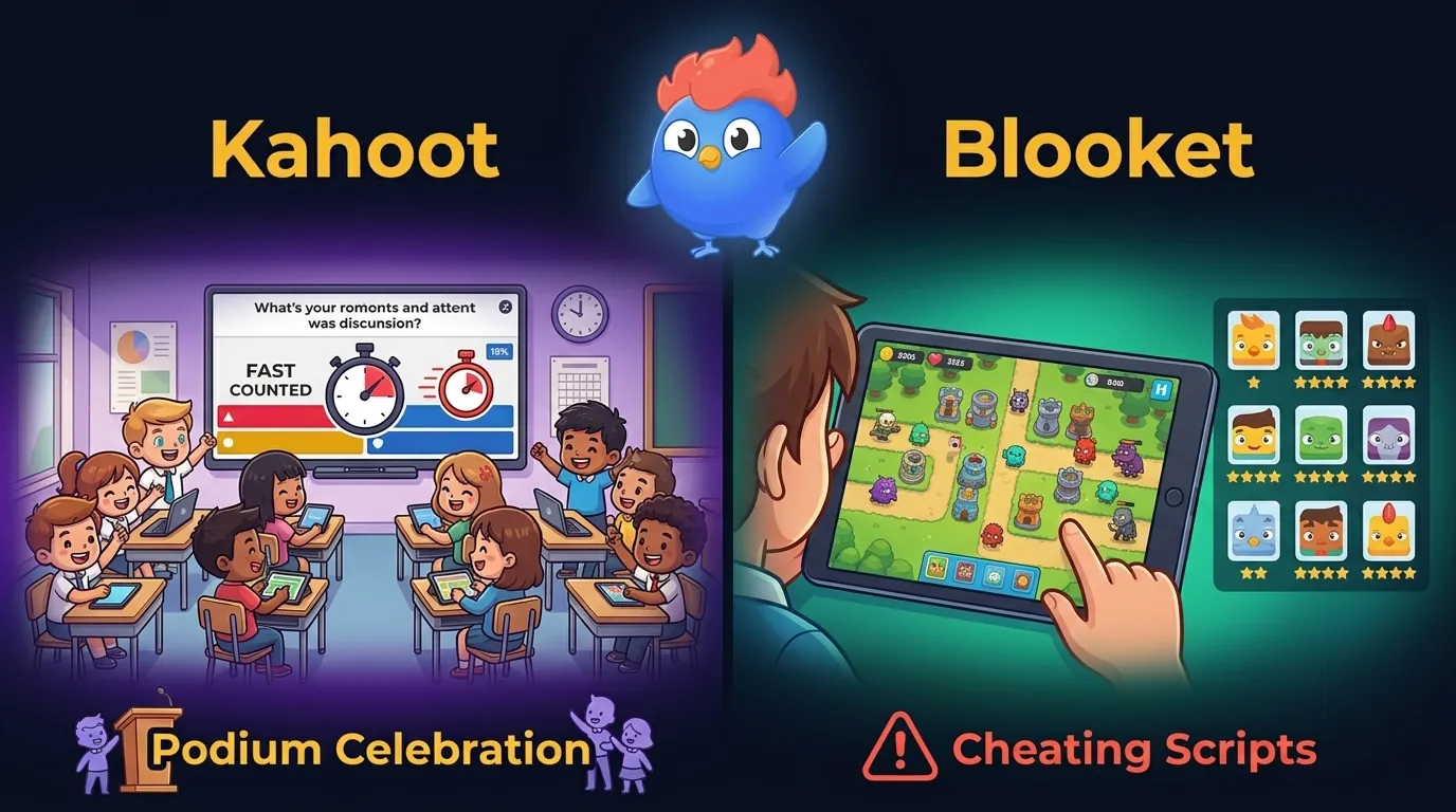 Student experience: Kahoot high-energy classroom with racing and podium vs Blooket Tower Defense strategy game with collectible Blook characters, warning icon for cheating scripts