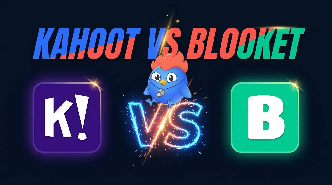 Kahoot vs Blooket May 2026: Kahoot purple live quiz show with Q2 standards-tagging tool vs Blooket teal-green strategy modes including Adventure Quest and Quiz Kingdom, LearnClash mascot as neutral referee