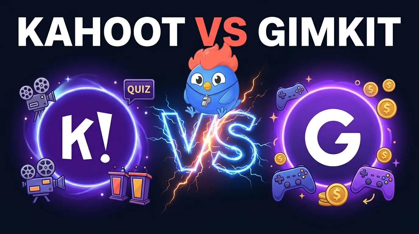 Comparación Kahoot vs Gimkit: quiz show en vivo púrpura de Kahoot vs economía virtual violeta de Gimkit con modos de juego estilo videojuego, mascota Clash como árbitro neutral