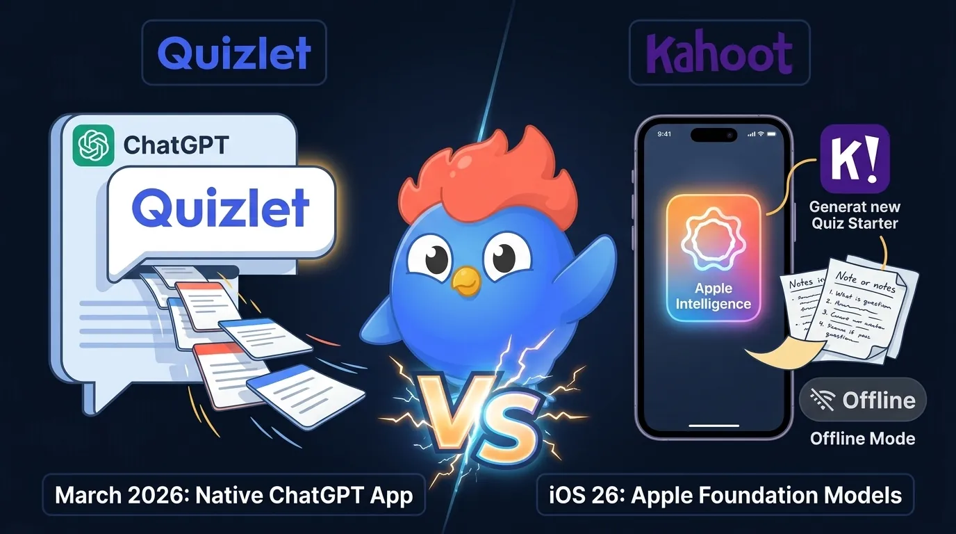 Split-screen AI arms race: Left panel shows Quizlet logo inside a ChatGPT conversation bubble running the latest model, flashcards flowing out. Right panel shows iPhone with Apple Intelligence badge and Kahoot Quiz Starter generating questions from handwritten notes offline. Center glowing VS emblem. Purple and blue glow.